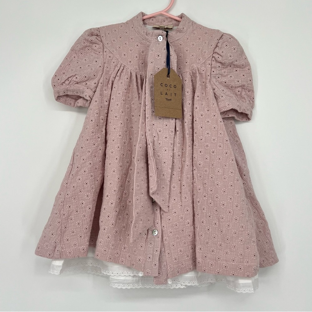 COCO AU LAIT British Embroidery Tie Collar Short Puff Sleeve Dress 2Y